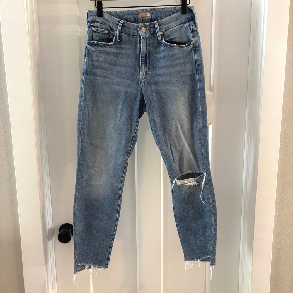 MOTHER The Looker Ankle Fray Jeans Size 27 Distressed Medium Wash Denim